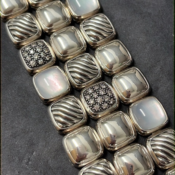 David Yurman 3 row silver diamond Mother of Pearl wide bracelet . - Picture 5 of 10